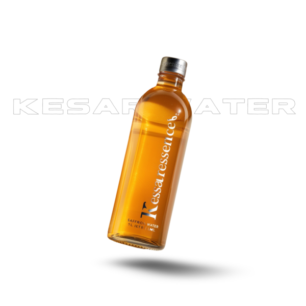 "A clear bottle of kesar water also know as kesar hydrate on a white background, highlighting the vibrant color and texture of the saffron."